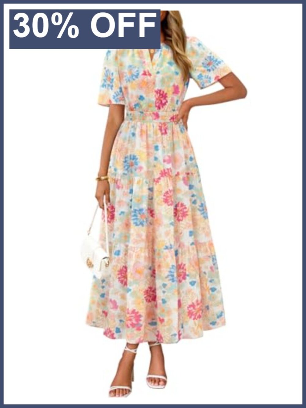 Bohemian Floral A-Line Midi Dress with Pockets V-Neck Short Sleeve